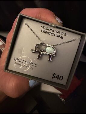 Brilliance Sterling Silver Elephant Necklace with White Created Opal